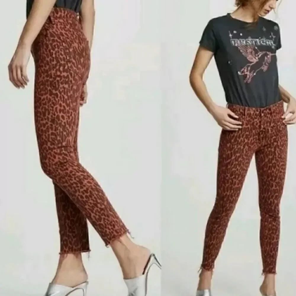 NWT Mother "The Looker" Jeans Red Leopard Print High Waisted Raw Hem Sz. 24 $269
